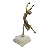 Antigua Estatua Mujer Bailarina De Bronce Con Base De Mármol