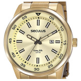 Relógio Seculus Masculino Dourado Long Life Com Calendário