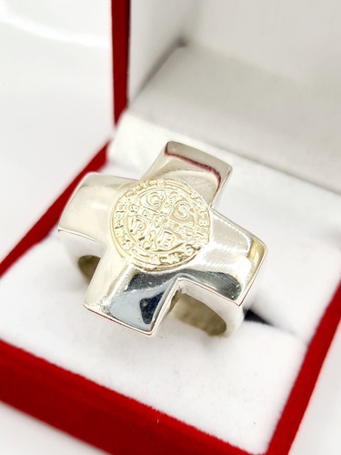 Anillo Cruz Plata 925 Con Sello San Benito En Oro Grandes 