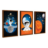 3 Quadros Decoração Quarto Infantil Menino Astronauta Trio 