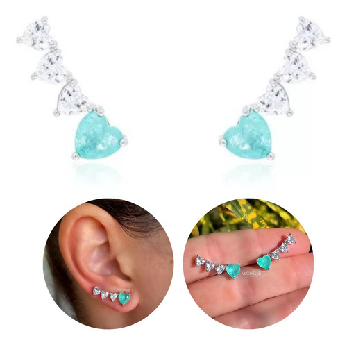 Brinco Ear Cuff Coração Esmeralda Colombiana Prata 925