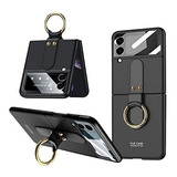 Funda Para Galaxy Z Flip 3 Con Anillo Pc Cuero Negro Mate