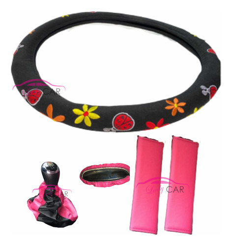 Cubre Volante Rosa + Set De Accesorios Para Auto De Mujer