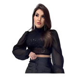 Blusa Feminina Cropped Paetê Moda Blogueira De Luxo 