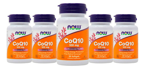 Kit 5 Coenzima Q10 100mg Coq10 - 50 Capsulas - Now Foods Sabor Sem Sabor