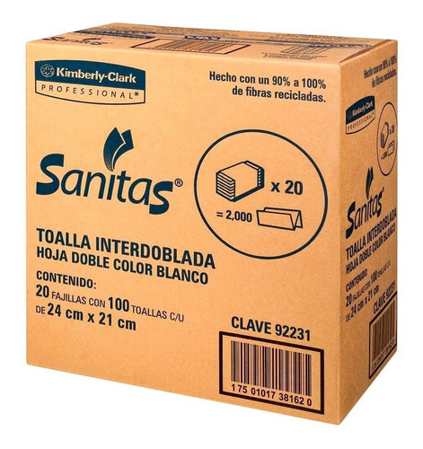 Sanitas Toalla Interdoblada 2000 Piezas 20 Paquetes 100pz