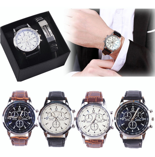 Conjunto De Pulsera De Reloj De Cuero Clásico Para Hombre