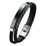 Pulsera De Hombre Cuero Negra Con Acero Inóxidable