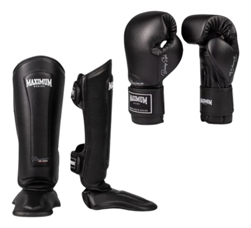 Maximum Muay Thai Luva Classic Black + Caneleira Cor Black