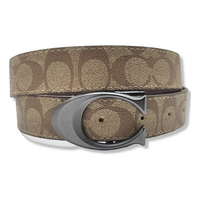 Cinturón Coach Reversible Doble Vista Unisex Beige Color Monogram Cafe/ Hebilla C Talla Xl (130cm) Geométrico