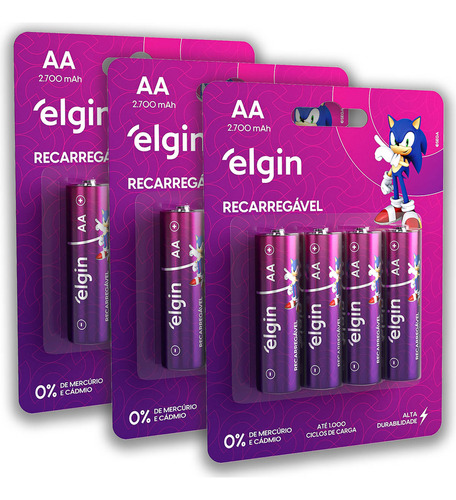 12 Pilhas Baterias Aa 2700mah Elgin Recarregável 3 Cartelas