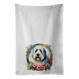 Old English Sheepdog And Flowers Kitchen Towel Set Of 2 Whit
