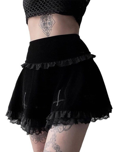 Minifalda De Encaje Plisado De Terciopelo Gótico Para Mujer