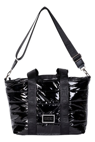 Bolso Cartera Totebag Charol Color Negro Correa De Hombro Negro Diseño De La Tela Liso