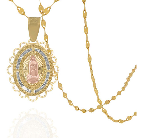 Medalla Virgen De Guadalupe Rosa Con Cadena 50cm De Oro 10k 