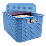 Caixa Cesto Organizador Multiuso C/ Tampa Rattan Plástico Cor Azul Bebe