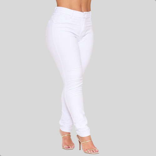 Calça Jeans Branca Feminina Super Lycra Skinny Cintura Alta 