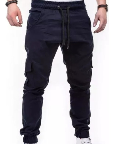 Pantalon Jogger Cargo Skinny De Gabardina Strech Azul Marino