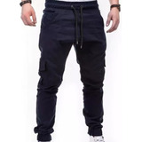 Pantalon Jogger Cargo Skinny De Gabardina Strech Azul Marino