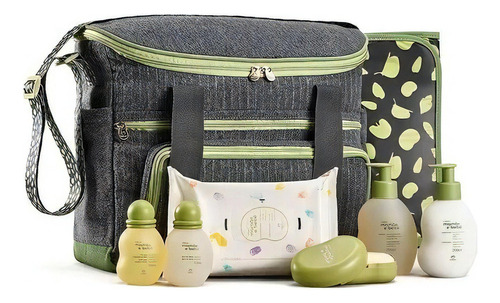 Conjunto Natura Mamãe E Bebê Com Bolsa E Trocador Cor Verde E Cinza