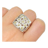 Ao 187 Anillo Grande Cuadrado Con Flores Caladas Plata Y Oro