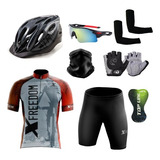 Kit Conjunto Ciclismo + Capacete + Luvas + Óculos + Brindes