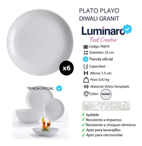 Plato Playo Luminarc Diwali Templado Colores A Eleccion X6