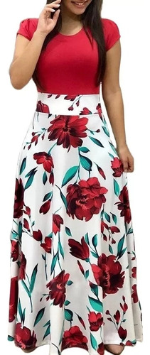 Vestido Largo Con Estampado Floral De Manga Corta Para Mujer