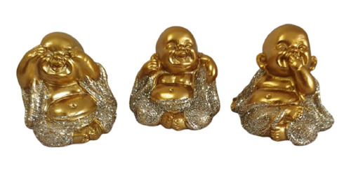 Kit Com 3 Budas Sábios Em Resina Mini Dourado