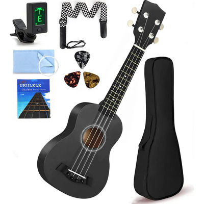 Kit Hombys Ukuleles Soprano Acústico 21 Pulgadas Afinador Madera Color Negro | Meses sin interés