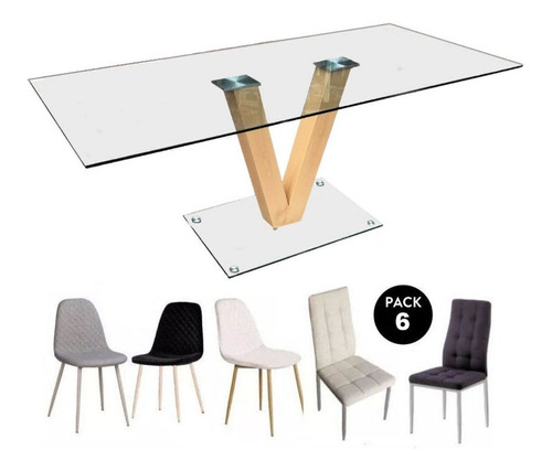 Mesa De Vidrio 1.80m X 80 Base En V Simil Madera C/6 Sillas