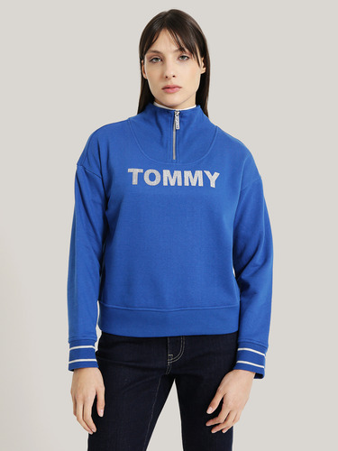 Polerón Con Medio Cierre Y Logo Azul Tommy Hilfiger