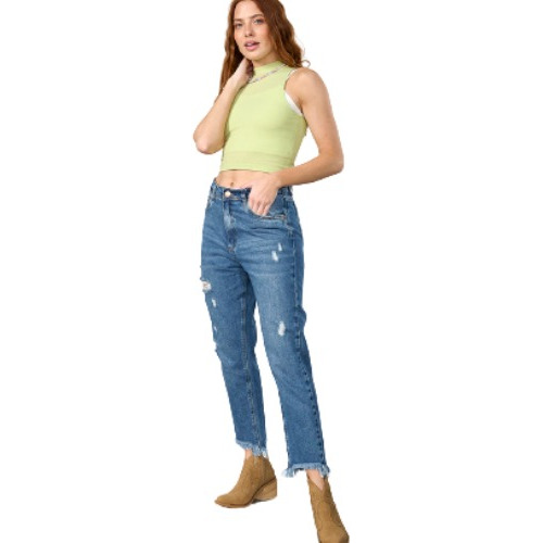 Jeans Mujer Rigido Con Pequeñas Roturas 