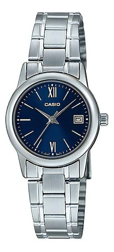 Reloj Casio Mujer Acero Calendario Ltp-v002d-2b3 Color De La Malla Plateado Color Del Bisel Plateado Color Del Fondo Azul Oscuro