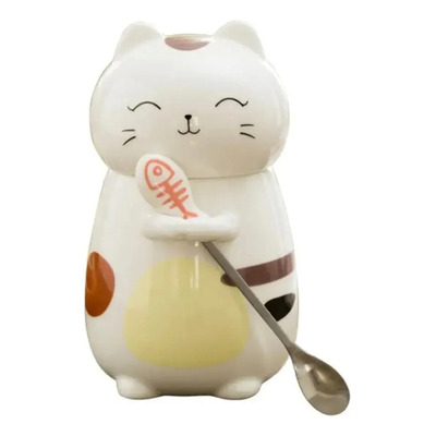 Taza De Cerámica Con Forma De Gato Con Tapa Y Cuchara Kawaii
