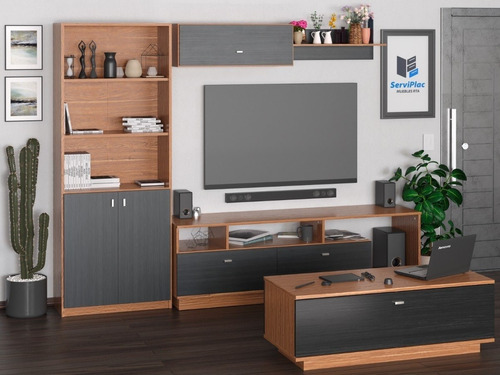 Mesa Tv + Biblioteca + Repisa + Mesa Ratona Living Modular