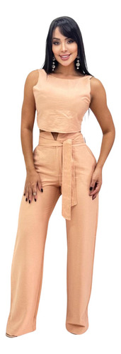 Conjunto Feminino Cropped E Calça Pantalona C/ Botões