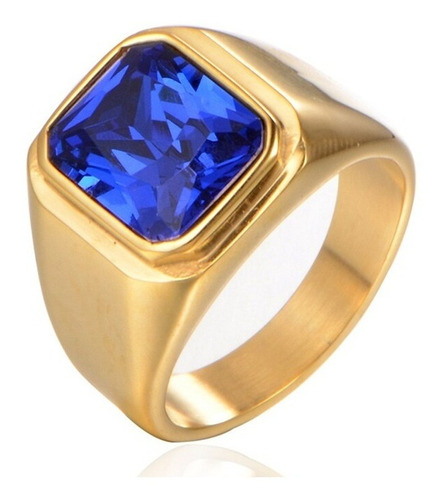 Anel Masculino Pedra Azul Aço Titânio Dourado Ouro Top