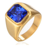 Anel Masculino Pedra Azul Aço Titânio Dourado Ouro Top