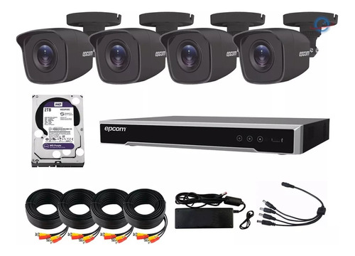 Kit 4 Cámaras 5mpx Epcom Negro Dvr 4 Ch Siames Fuente Cctv