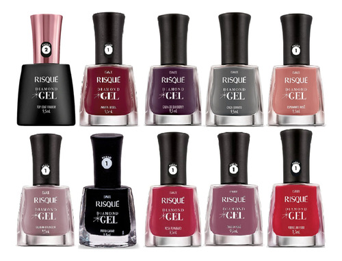 Coleção Esmalte Risque Diamond Gel - 9 Cores + Top Coat