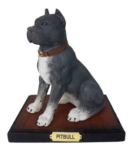 Cachorro Estatueta Pitbull Preto Em Resina Na Base 
