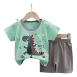 Pijama Niño Algodon Manga Corta Short Dino Gris