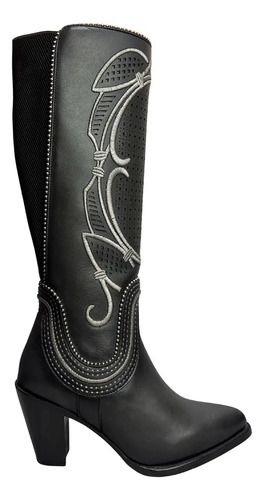 Bota Alta Vestir Punta Oval Dama Cuadra Gris Bordados Tubo
