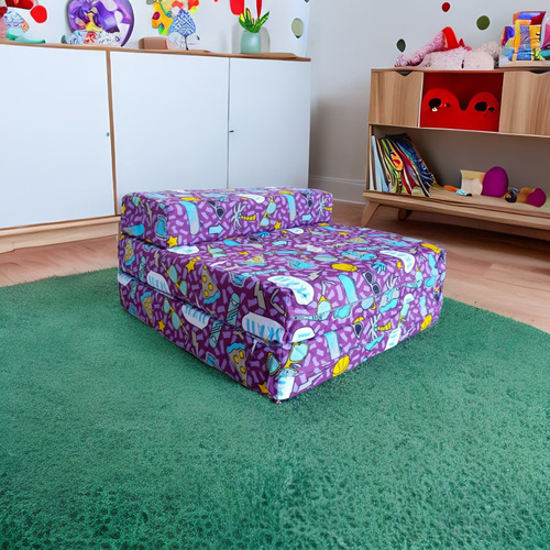 Sofá Cama Infantil Plegable, Colchoneta Con Soporte Firmé Color Morado Palmeras