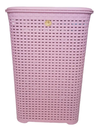 Cesto Para Ropa De Plástico Con Tapa Tipo Rattan Color Rosa 