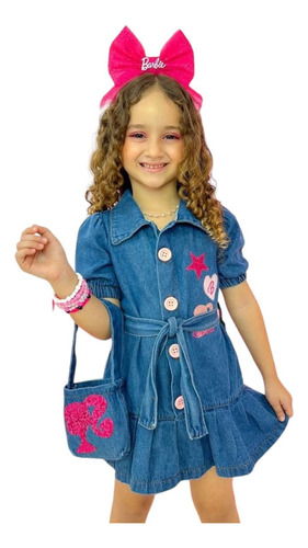 Vestido Jeans Barbie + Bolsinha Estilosa Infantil Blogueira