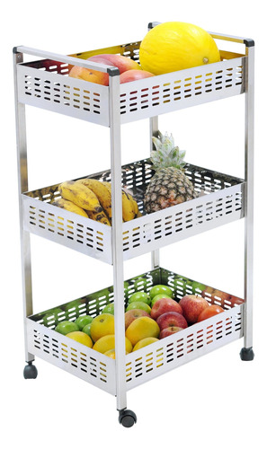 Organizador Inox 3 Bandejas Com Rodízios Elegance