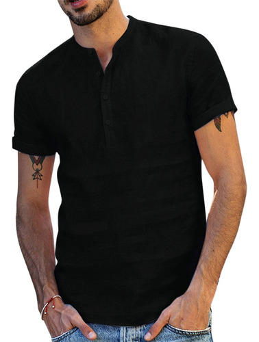 Camisa De Lino Sin Cuello Casual Manga Corta Para Hombre
