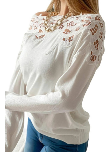 Sweater Importado Blanco Frente Y Espalda Bordado Guipiure